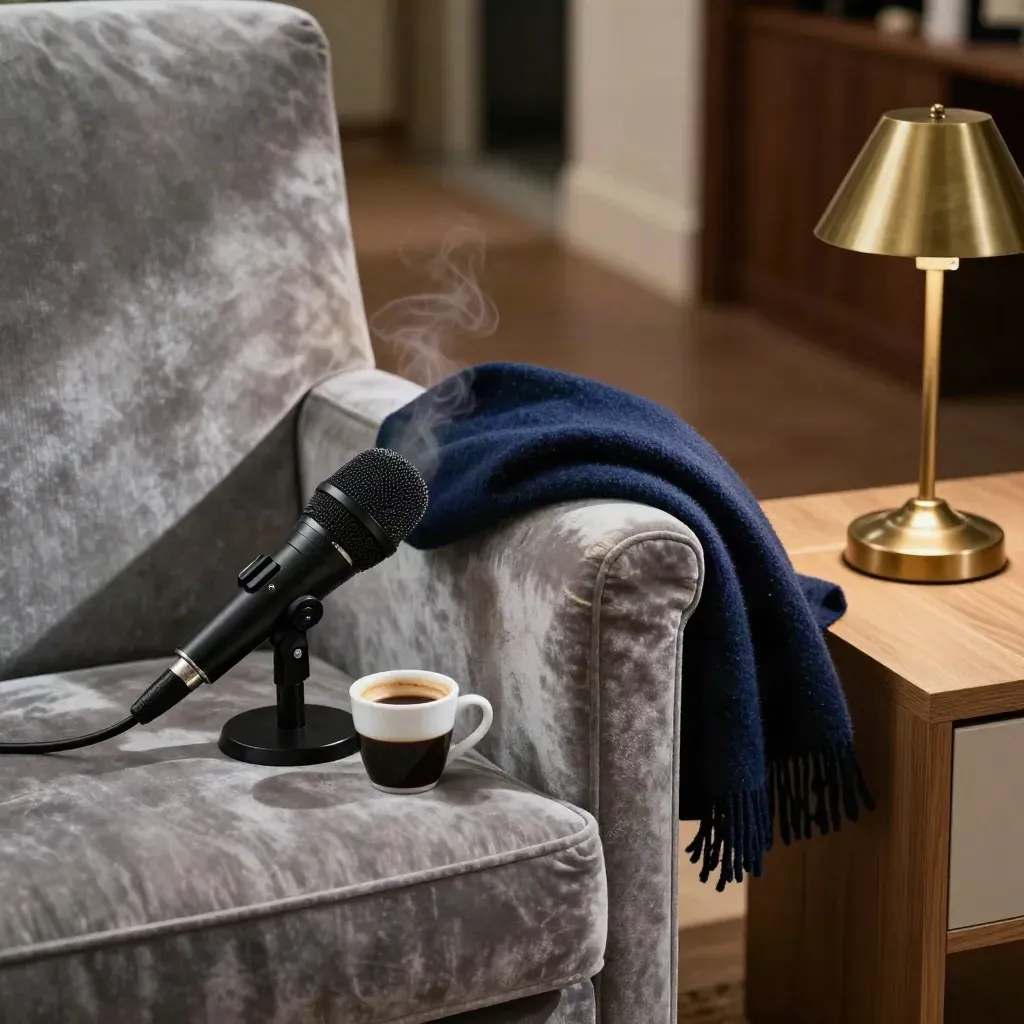 Microfono, caffè e sciarpa su una poltrona di velluto in un green room, luce calda laterale.