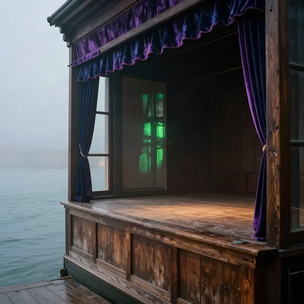 Piccolo palco veneziano in una sala sull’acqua, con nebbia di laguna e riflessi verdi al crepuscolo.