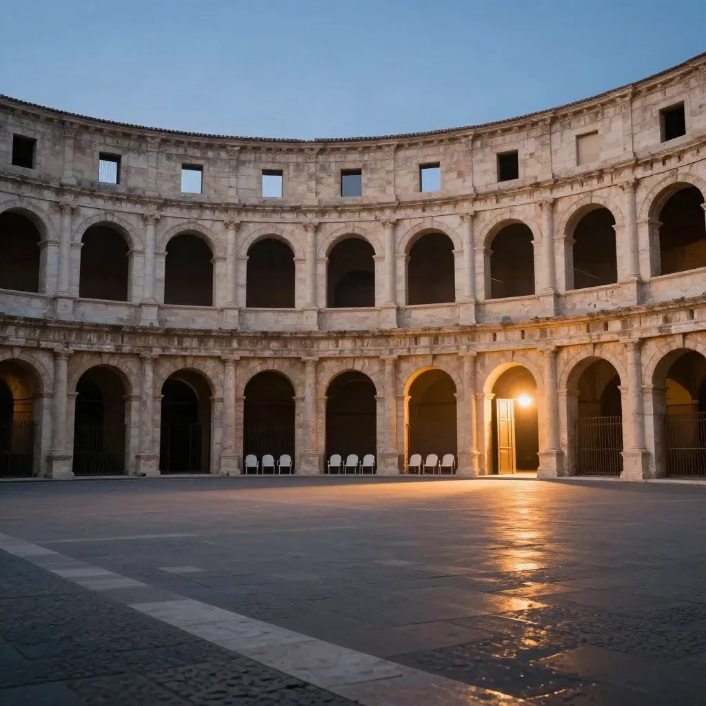 Cortile romano di teatro al crepuscolo, con archi chiari e luce calda dalla porta socchiusa.