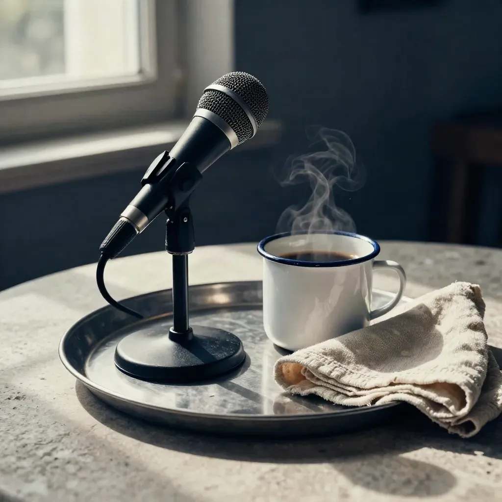 Microfono nero, tazza di caffè fumante e lino piegato su vassoio metallico, luce morbida.